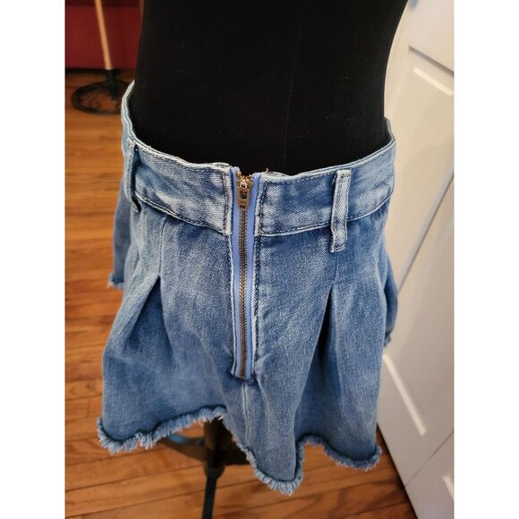 Denim Pleated Micro Mini Frayed Hem Low Rise L Shein Y2K Preppy Back to School - Picture 4 of 5
